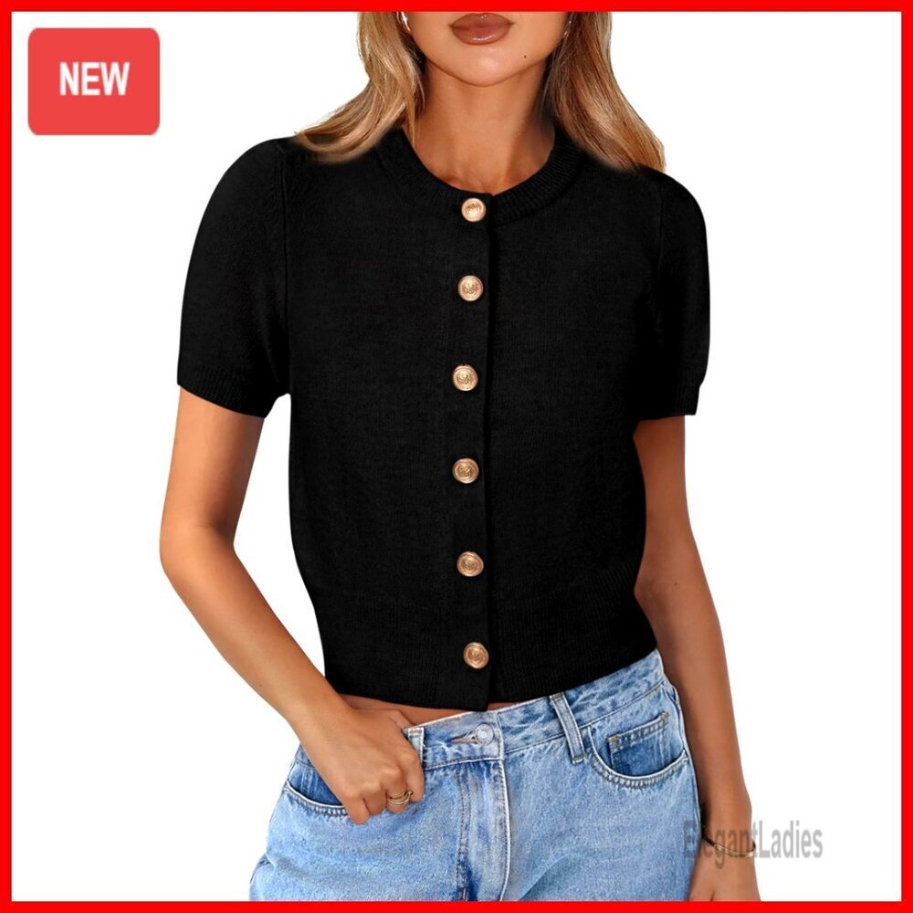 Short Sleeve Cardigan Crop Top Button Down Knit Sweater Casual Summer